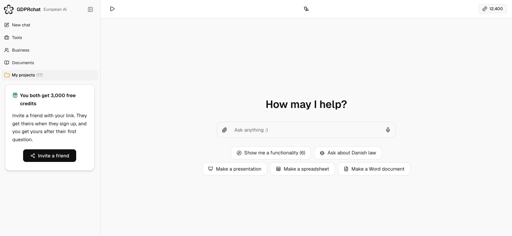 The GDPRchat assistant: a chat window with a prompt box and shortcuts for presentations, spreadsheets and Word documents